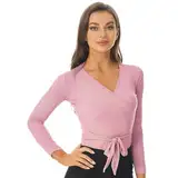 Kaerm Damen Ballett Wickeljacke Gymnastik Tanz Ballettjacke Lange Ärmel Tanz Jäckchen V-Ausschnitt Cardigan Tanz Wickeltop für Frauen Gr. S-XXL Rosa S