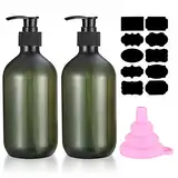 2 Stück 500 ml Shampoo Flaschen zum Befüllen, Duschgel Flasche, Leere nachfüllbare Pumpflaschen, Seifenspender Kunststoff für Lotionen Shampoos, mit Trichter, Etiketten (Grün)