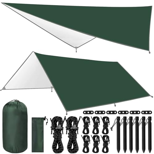 TEWWCEO Zeltplane 3x3m,Camping Zeltplane,Zeltplane für Hängematte,Tarp für Hängematte,wasserdicht mit Ösen + 6 Erdnägel + 8 Seilen,Leichte Tragbare,Regenschutz Sonnenschutz für Ourdoor Camping,Grün