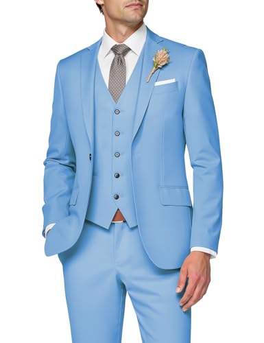 SPTALLFITJSV 3-teiliger Anzug für Herren, schmale Passform, Hochzeitsanzüge für Herren, elegante Ein-Knopf-Jacke, einreihige Weste, Hose, Hell, blau, L