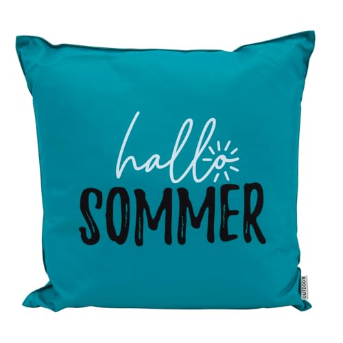 heimtexland ® Outdoor Deko Kissen 45x45 mit Füllung Garten Lounge Dekokissen wasserabweisend wetterfest Outdoorkissen Gartenkissen Bedruckt Typ906 Petrol