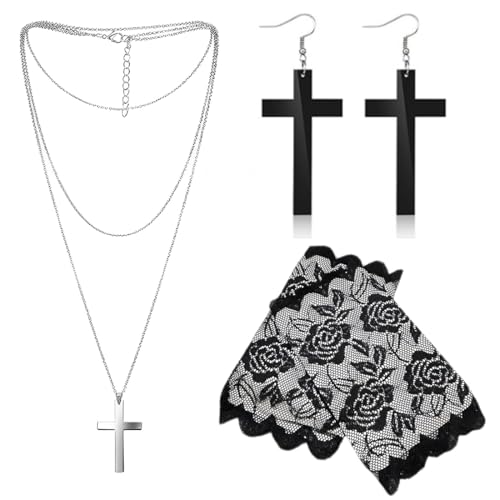 EOYVAIL Kostümsets,80er-Jahre-Kleidungsaccessoires, Damen-Accessoires, Halsketten-Armbänder, Netz-Ohrringe, Spitzen-Stirnbänder im 80er-Jahre-Stil (5 Stück, schwarz)