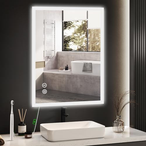 YOLEO Badspiegel mit Beleuchtung, LED Spiegel Wandspiegel mit Steckdose, Badezimmerspiegel LED mit Touchschalter, Lichtspiegel Dimmbar Warmweiß/Kaltweiß/Neutral, 50x70cm,Vertikal/Horizontal
