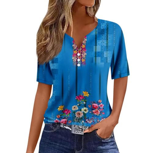 Oberteile Damen Sommer Shirt Damen 3/4 Arm Damen Tunika Sommer V-Ausschnitt Blumen Bedruckt Henley Bluse Mit Knopfleiste Luftig Oversized Shirts Trachtenbluse Sport Shirt Damen Fitness (Blau, Xl)