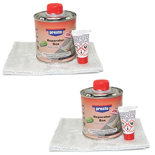 PRESTO_bundle 600412 2 X Polyesterharz Reparaturbox 250g + Glasfaservlies & Glasfasergewebe