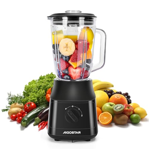 Aigostar Swift - Standmixer und Smoothie Maker, 1.5 Liter Glasbehälter, Titanbeschichteten Klingen, Ice Crush Funktion, 2 Geschwindigkeiten + Pulse, Spülmaschinenfeste Teile, 800W, Schwarz