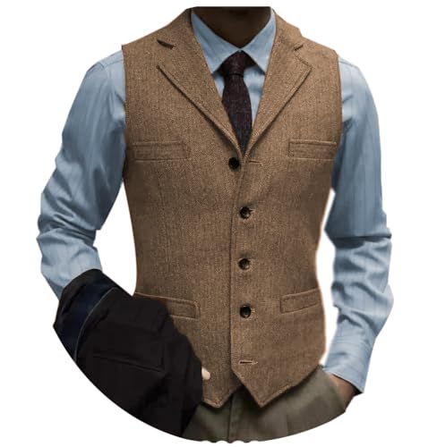 Tuikayoo Herrenanzug Weste Slim Fit Wollkleid Weste Tweed Herringbone für Trauzeugen（Braun，M）