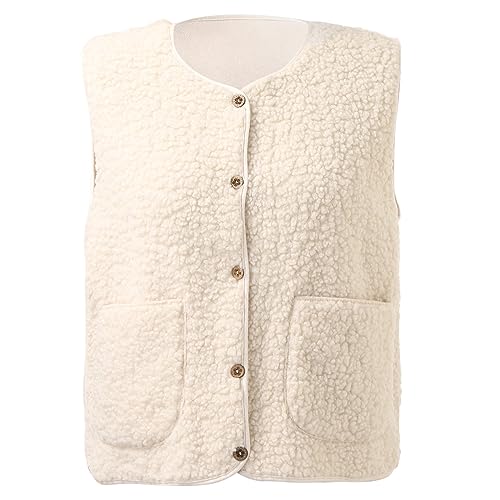 Teddy Weste Damen Ärmellos Teddyfleece Jacke Fleece Winterweste Winter Warme Fleeceweste Kurz Teddyjacke Plüsch Westen Einfarbig Damenwesten Plüschweste Übergangsjacke Mantel Leicht (5-White, M)