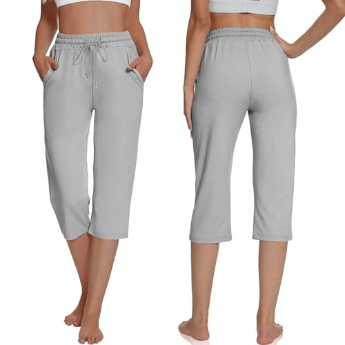 EMATOP Sommer Jogginghose Damen 3/4 Lange Leicht Yogahose Casual Bequeme Sommerhose mit Taschen Freizeithose High Waist Sweathose Einfarbig Capri Leggings Locker Elegant Arbeitshose für Alltag