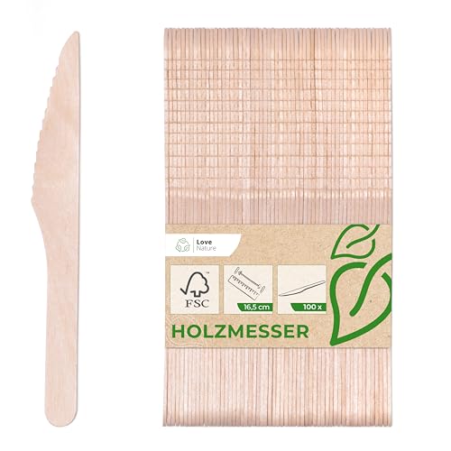 Love Nature Einwegbesteck Holzmesser 100 Stück - Holzbesteck Einweg - Party Besteck Einweg aus Birkenholz - Einwegmesser Umweltfreundlich