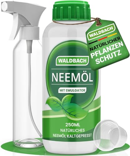 WALDBACH® Neemöl mit Emulgator [1L/250ml] - Natürliches Neemöl für Pflanzen mit Sprühflasche und Messbecher - 25 Liter sprühfertige Mischung - Effektiver Pflanzenschutz für Garten- & Zimmerpflanzen