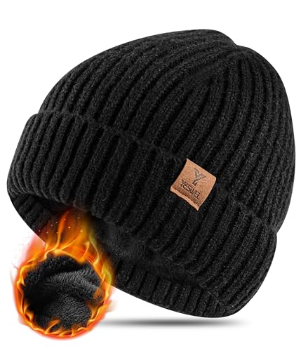 YESWEL Mütze Herren, Weichem Wintermütze mit Stretch,Warm Beanie mit Fleecefutter, Unisex Strickmütze für Winter(Schwarz