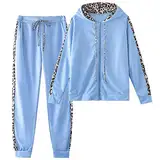 amropi Traingsanzug Damen Jogginganzug Leopard Kapuzenpullover Lange Ärmel Top + Hose Sportanzug 2 Stück (Blau,XL)
