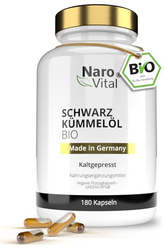 Bio Schwarzkümmelöl Kapseln kaltgepresst & naturbelassen - 180 vegane Flüssigkapseln - 1000mg ägyptisches pro Tagesdosis - davon 50% Linolsäure - Hochdosiert - Nigella sativa - Black seed oil