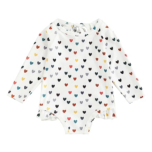 12M to 5Y Soft Swim-Set for Girls Rash Guard Shirts Swimsuit Floral Heart Print Long Sleeve Swimwear Toddler Baby Girls Bathing Holiday Suit (White, 12-18 Months)