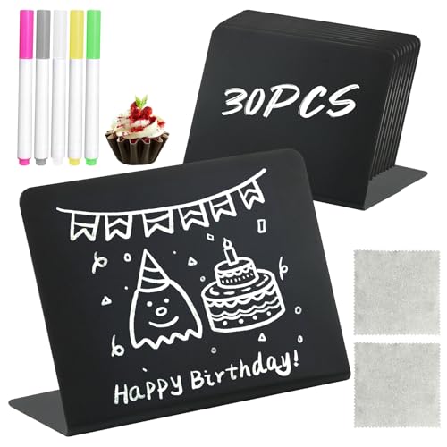 30 Stück Mini Kreidetafel Set,L-Form Preisschilder Aufsteller 100x75mm,für Nachrichtenschilder,Preisschilder Tischkarten,Buffet,Hochzeit,Party,Bäckerei,Café,5* Stift + 2* Reinigungsstoff