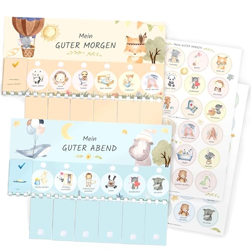 Morgenroutine & Abendroutine für Kinder - Checkliste mit Klett-Punkten zum umklappen für einen guten Plan am Morgen und Abend (DIN A4 Tagesplan, Handmade in Germany)