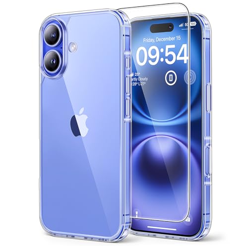 TAURI 3 in 1 für iPhone 16 Hülle 6,1" mit 2 Stück Panzerglas Schutzfolie, Schutz nach Militärstandard, [Anti-Vergilbung] Stoßfest Transparent Handyhülle - Durchsichtig