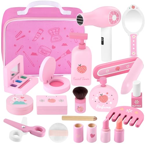 GAGAKU Holz Kinderschminke Set Mädchen Schminkkoffer Kinder 16-teiliges Schminke Friseur Beauty Set Frisierkoffer Spielzeug für Kinder Holzschminke Geburtstagsgeschenk ab 3 4 5 6 7 Jahre