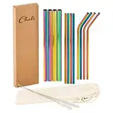 Chali® Edelstahl Strohhalme 12er Set (8x ø6mm, 4x ø12mm), bunte Trinkhalme wiederverwendbar 21,5cm lang spülmaschinengeeignet inkl. 2x Reinigungsbürsten