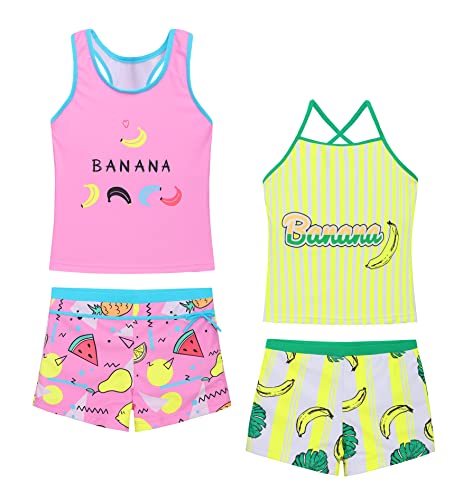 Akokvlar Zweiteiliger Badeanzug für Mädchen, Tankini, Bademode mit Boyshorts, Pink-gelbe Banane, 10-11 Jahre