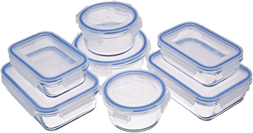 Amazon Basics - Frischhaltedosen aus Glas für Lebensmittel, 14er-Pack (7 Behälter + 7 Deckel), BPA-freie (7er Pack) , Transparent, Blau