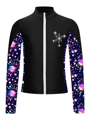 Yeahdor Kinder Mädchen Eiskunstlauf Mantel Langarm Sport Jacke mit Strass Glitzer Trainingsjacke Wettkampf Yoga Jogging Fitness Schwarz 146-152