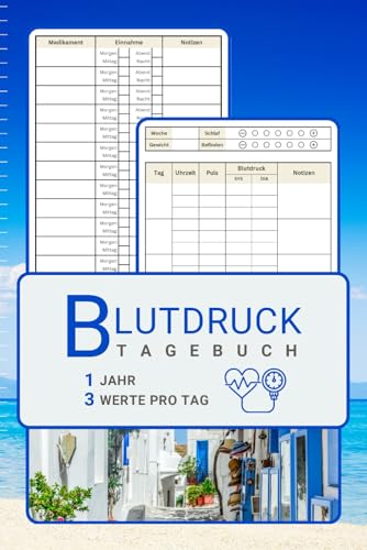 Blutdruck Protokoll »Ägäis« mit Medikamentenplan: 1 Jahr 3 mal täglich Blutdruck Werte und Puls erfassen, einfache Verwendung für Frauen und Männer, alle Altersgruppen