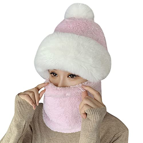 WKAYsIV Witzige Mützen Schalmütze Winter warme Schalmütze Set weigestrickte Plüschmütze Wollhaube Herren(Rosa,Einheitsgröße)