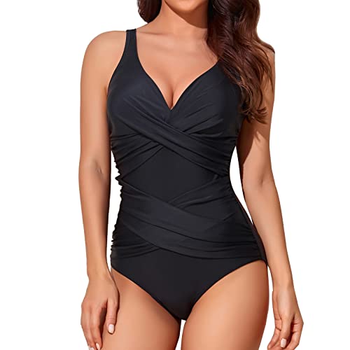 Smismivo Badeanzug Damen Bauchweg Push Up Shape Schwimmanzug mit Bügel Retro Schlankheits Raffung Einteilige Bademode Swimsuits for Women One Piece Swimming Suits Badekleid (schwarz schwarzer)