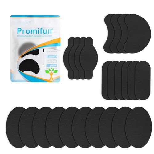 Promifun Moleskin Strips with Adhesive Blister Prevention Pads Mole Skin Tape Stickers for Feet Heel Shoes Padding,24 Sheets of 4 Shapes,Black