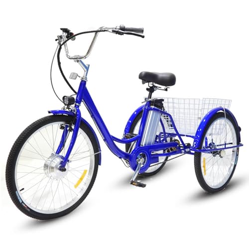 UPIKIT 24-Zoll-3-Rad-Elektrofahrrad Für Erwachsene, 350-W-Dreirad-Elektrofahrrad Mit Einkaufskorb, 36-V-12-Ah-Lithiumbatterie, Tragkraft 150 Kg,Blue-A