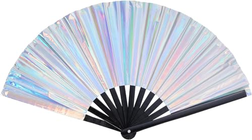 jerbro Handfächer Holografischer Rave-Fan Chinesische Handheld Faltventilatoren Iridescent Fan für Festivals Dekor Hanfu Club Ereignis Party Tanz Leistung Bekleidungszubehör (Silber)