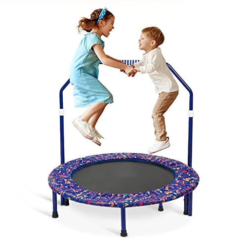 Trampolin mit Stange für Kinder, Ø ca 91cm|Faltbarer Rebounder für Minitrampolin mit Handlauf,Sicherem Polster und Strapazierfähiger Abdeckung für Drinnen und Draußen|Trampolin für Jumping Fitness