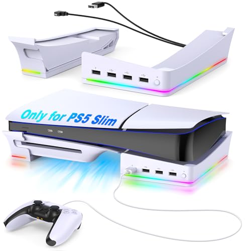 Auarte RGB Horizontaler Ständer für PS5 Slim Konsole mit 14 Lichteffekte, Halterung Standfuß Zubehör für Playstation 5 Slim Disc & Digital mit 4 Extra USB Hubs (1 Schnell Ladeport & 3 USB 2.0 Port)