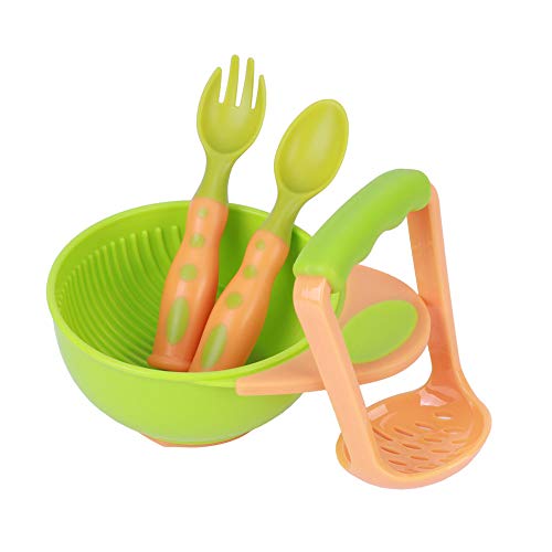 4-teiliger Babynahrungsstampfer, Ungiftiges Löffelset, Spezielles Design für Mash Mash Fine Baby Home Food (Orange-grünes Mischfarbenmodell)