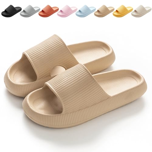 Calish Badeschuhe Herren Damen Cozislides Original Slippers Cloudyzz Schlappen Wolke rutschfeste Badelatschen Hausschuhe Sommer Pantoletten Badeschlappen Flip Flops Indoor/Outdoor, Khaki, 40-41 EU