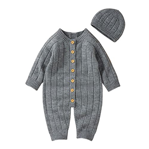 Neugeborenes Säugling Junge Mädchen Solide Strickpullover Baby Overall Strampler Baumwolle Caps Outfits Sets Kleidung 18 Monate Junge Sweatshirts (Grau, 3-6 Monate)