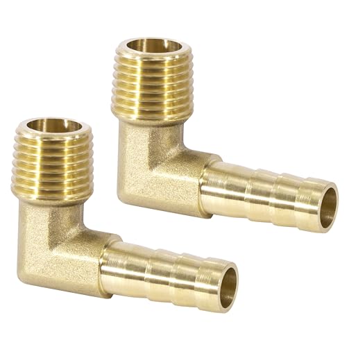 Messing Fitting Anschluss, 2 Stück 90 Grad 8 mm Widerhaken x 1/4 Zoll Außengewinde Messing Winkelstück, Kupplung Rohr Adapter Anschluss für Winkelrohrverbinder
