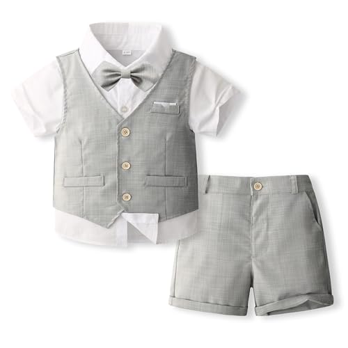 Volunboy Baby Jungen Anzug, Sommer Anzugweste Hemd mit Fliege + Shorts für Festlich Hochzeit Bekleidung Set 4tlgs(12-18 Monate,Hellgrau,Größe 80)