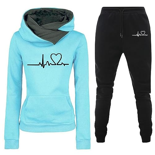 TinaDeer Damen Trainingsanzug Set 2-Teilig Heartbeat Print Hoodie Jogginghose Sweatshirt Hose Zweiteiler Jogginganzüge Damen Kapuzenpullover Sporthose Set