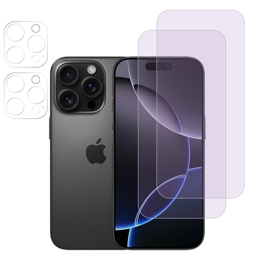 FiiMoo Schutzfolie Kompatibel mit iPhone 16 Pro, Anti Blaulicht Schutzfolie + Kamera Schutzfolie, [2+2 Stück] [Augenpflege] [Blasenfreie] [Blockiert übermäßiges Schädliches Blaues Licht & UV]