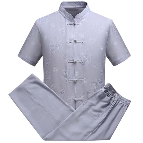 LinRim Abzug Chinesische Kleidung Für Männer Anzüge Leinen Tang-Anzug Top Hosen Sets Herren Orientalischen Kleidung Komplett Jogginganzug Herren (Grey, XXL)