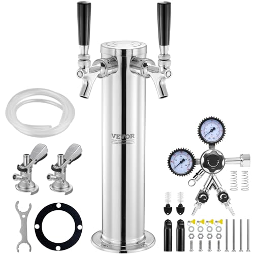 VEVOR Kegerator-Turm-Kit, Bier-Umrüstsatz mit zwei Zapfhähnen, Bier-Turmspender aus Edelstahl mit Doppelmessgerät W21.8-Regler und A-System-Fasskupplung, Bier-Tropfschale für Partys zu Hause