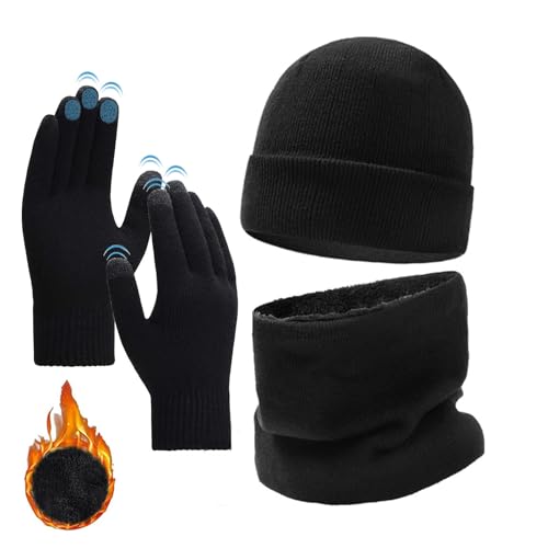 Mütze Schal und Handschuh Sets für Herren, Touchscreen Handschuhe Winter Beanie Mütze mit Fleece Gefüttert Schal Halswärmer Schlauchschal Set für Ski