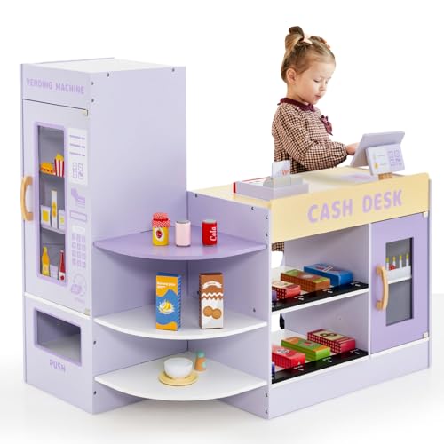 GOPLUS Kinder Kaufladen, Supermarkt aus Holz, Kaufmannsladen mit mit Kasse, POS-Automat & Verkaufsautomat, Einkaufsladen Rollenspiele mit 15 Zubehör & Tafel für Kinder von 3-8 Jahren (Lila)