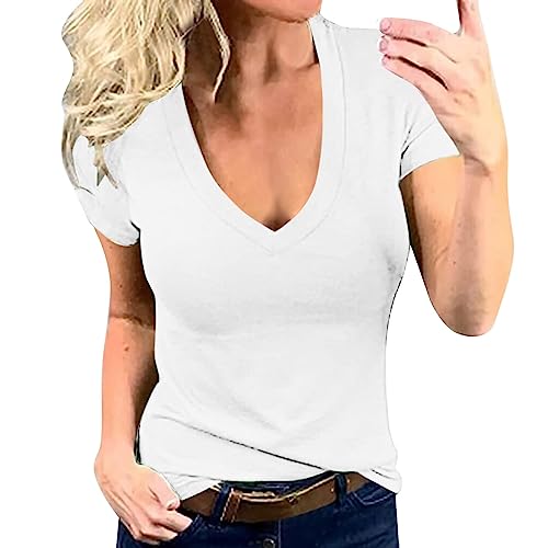 CGGMVCG Damen-Tops, einfarbig, tiefer V-Ausschnitt, modisch, sexy, kurzärmelig, Damen-T-Shirt, Weiß, XL