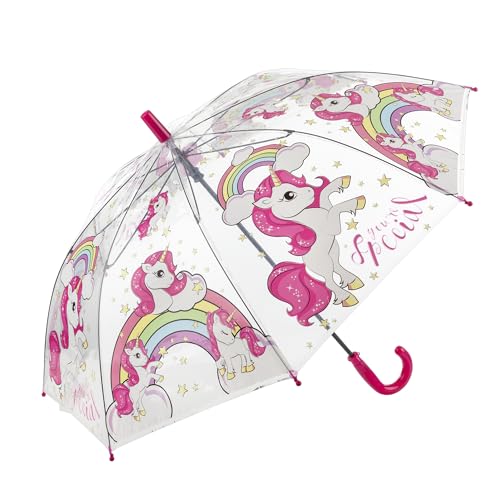 Idena 50115 - Regenschirm für Kinder aus transparentem Kunststoff mit Einhorn Motiv, Stockschirm mit manueller Öffnung, Durchmesser 83 cm und Länge ca. 66 cm