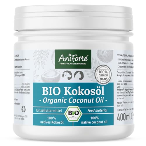 AniForte Bio Kokosöl für Hunde & Katzen 400 ml Lebensmittelqualität - Erste Kaltpressung, Nativ, Unraffiniert, Hoher Laurinsäure Gehalt, Pflege für Fell, Pfote & Haut, biologischer Anbau, Barf Zusatz