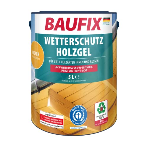 BAUFIX Wetterschutz-Holzgel kiefer, seidenglänzend, 5 Liter, Holzlasur, tropfgehemmte Holzlasur, für alle Holzarten, witterungsbeständig